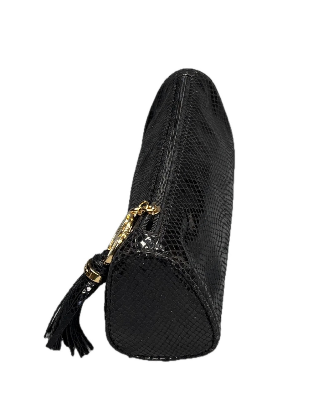 Michael Kors Black Snake-Embossed Leather Cosmetic Pouch w Gold MK Tassel EUC - Picture 9 of 15